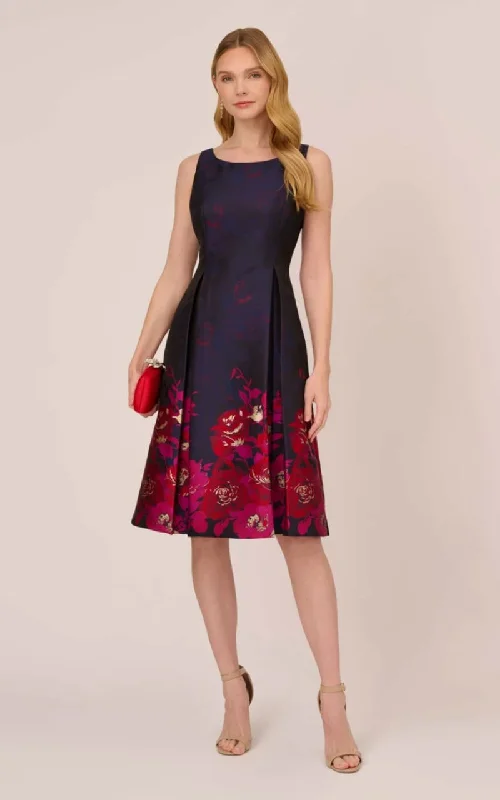 Adrianna Papell- Jacquard Midi Dress with Metallic Floral Trim