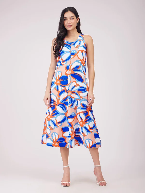 Early Access Floral A-line Dress - Blue And Orange