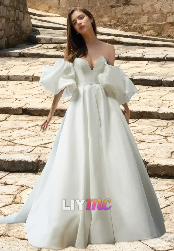 Extra Savings V-Neck Puff Sleeves Pleated Sleek Satin A-Line Wedding Dress