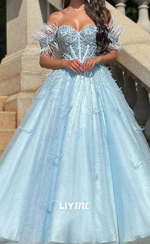 Crazy Deals LP2010 - Sweetheart Puff Sleeves Beaded Feathered Ball Gown Prom Dress Crazy Deals LP2010 - Sweetheart Puff Sleeves Beaded Feathered Ball Gown Prom Dress