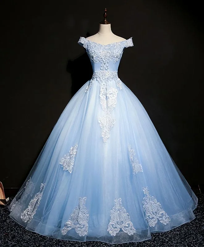 Big Discounts Blue Tulle Lace Off Shoulder Long Prom Dress, Blue Tulle Lace Evening Dress