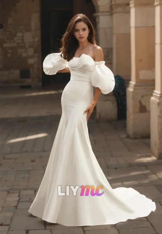 Take Advantage Straight Across Puff Sleeves Sleek Mermiad Wedding Dress