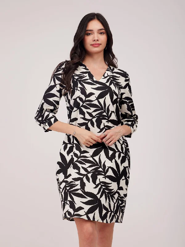 Deal Alert Linen Floral Shift Dress - Black And Off White