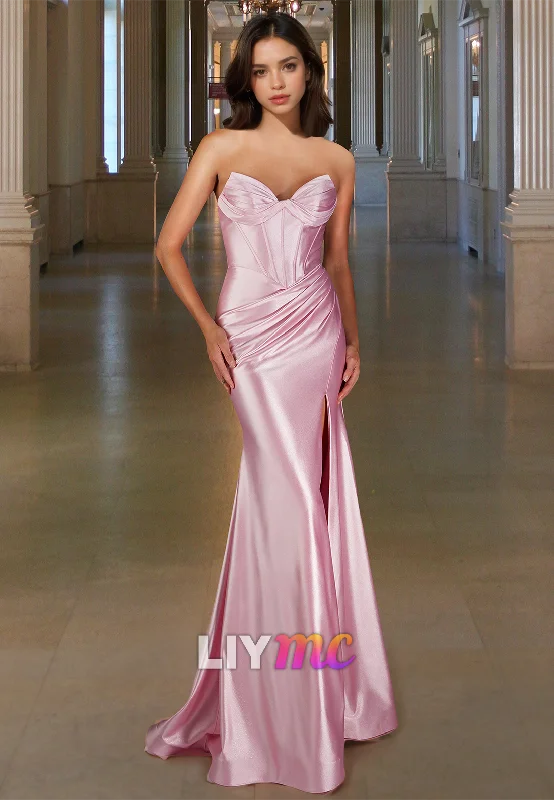 Price Blitz Sweetheart Sleeveless Pleated Sleek Side Slit Sheath Prom Dress