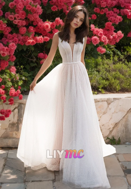 Exclusive Preview V-Neck Sleeveless Tulle A-Line Beach Wedding Dress