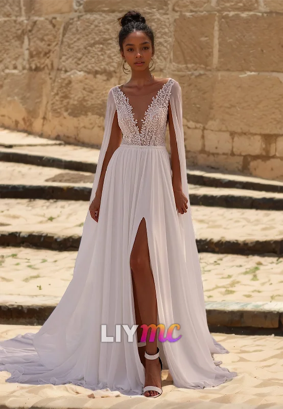 Quick Sale V-Neck Sleeveless Lace Appliques Pleated A-Line Beach Wedding Dress