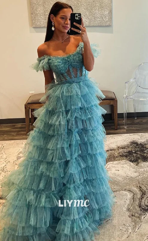 Friends and Family Sale LP2052 - Off-Shoulder Strapless Sheer Tiered Tulle A-Line Ball Gown Prom Dress