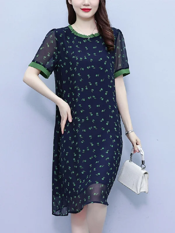 Plus Size Ditsy Flowers Round Neck Chiffon Shift Dress