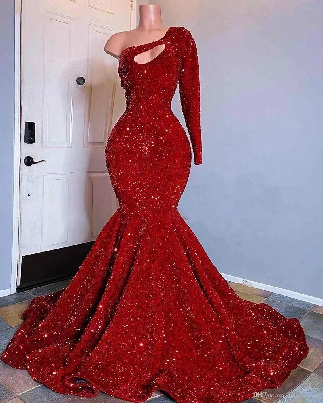 Grand Opening Sale Red Sequined Black Girls Mermaid Prom Dresses 2024 Plus Size One Shoulder Long Sleeve Sequined Keyhole Prom Gowns Grand Opening Sale Red Sequined Black Girls Mermaid Prom Dresses 2024 Plus Size One Shoulder Long Sleeve Sequined Keyhole Prom Gowns