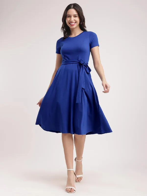 Massive Deals Cotton Knitted Fit And Flare Dress - Royal Blue