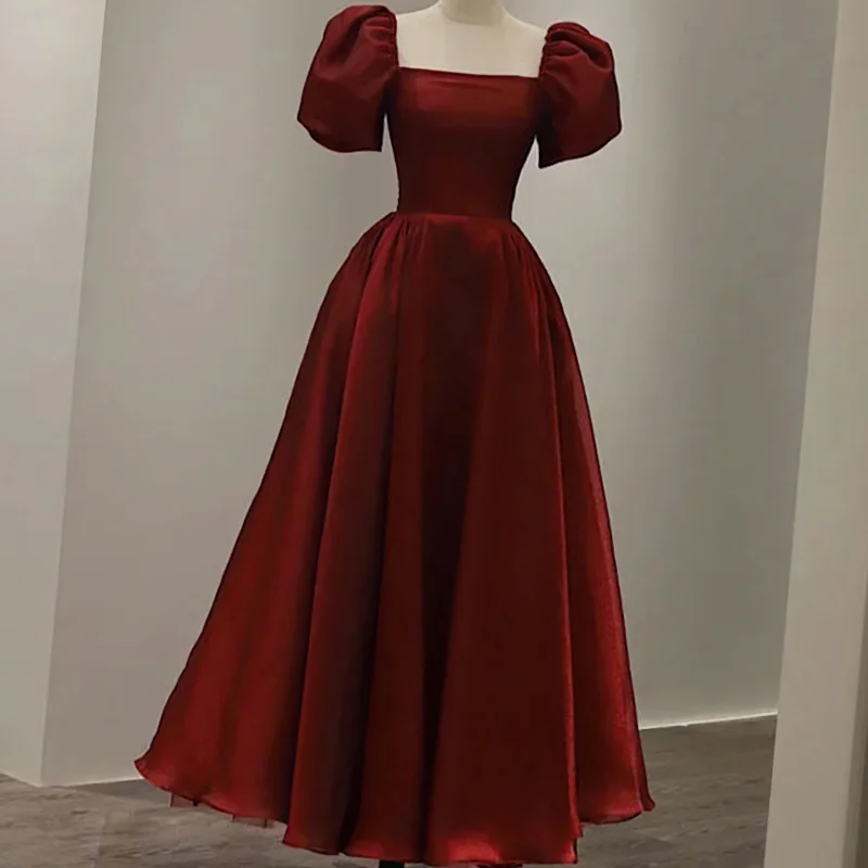 Super Savings Prom Dresses, Vintage Evening Gown Womens Short Sleeve With Square Collar Ankle Length Formal Plain