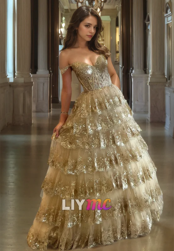 Can't Miss Sweetheart Sleeveless Appliques Tiered A-Line Prom Dress