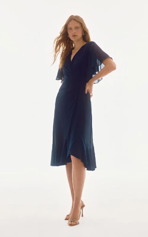 Joseph Ribkoff- Signature Silky Knit And Chiffon Flowy Wrap Dress