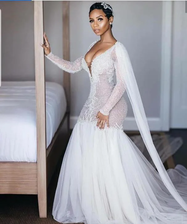 Referral Discount Sparkly Long Sleeves Wedding Dresses Romantic Beading Mermaid Bridal Gown Wedding Gown JKL2022