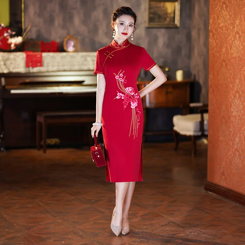 (M-5Xl) Plus Size Red Gold Formal Qipao Dress