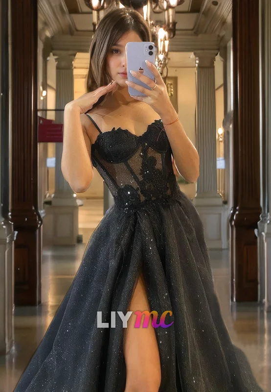 Great Bargains Sweetheart Sleeveless Appliques Tulle High Slit A-Line Prom Dress