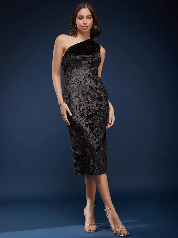 Crazy Savings One Shoulder Velvet Dress - Black