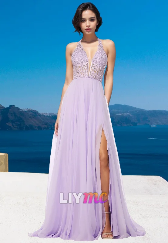 Act Now V-Neck Sleeveless Lace Appliques Tulle A-Line Prom Dress