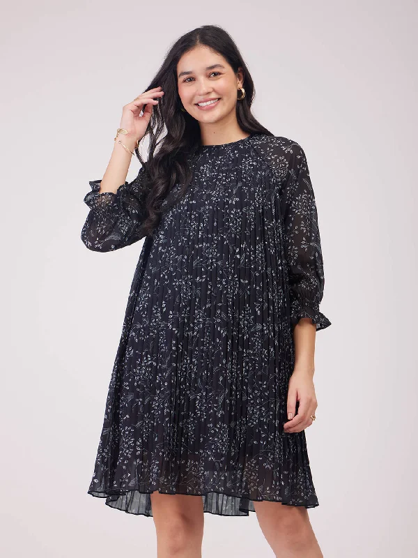 Stock Clearance Floral A-line Dress - Black
