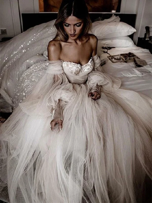 Savings Galore Unique Tulle A-line Wedding Dresses WIth Illusion Long Sleeves JKB5107