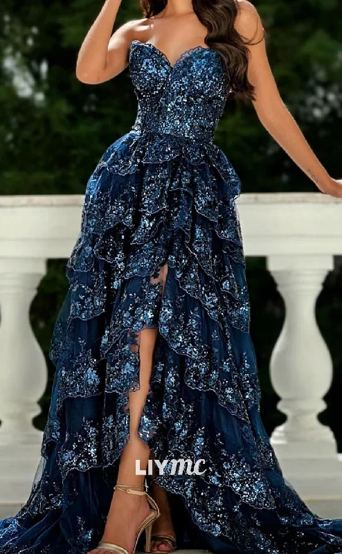 Super Bargain LP2001 - Sweetheart Sleeveless Appliques High Slit A-Line Prom Dress