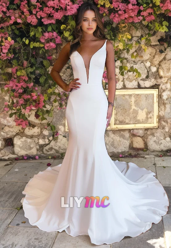 LW918 - V-Neck Sleeveless Sleek Satin Court Train Mermaid Beach Wedding Dress