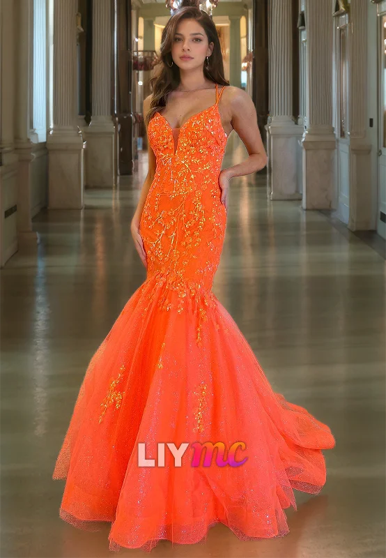 Major Savings LP1183 - Plunging V Neck Sequins Appliques Mermiad Prom Party Dress