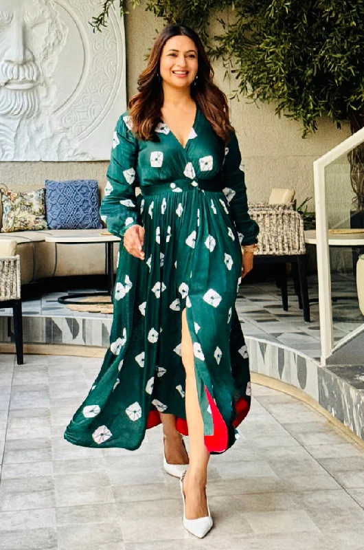 Price Drop Green Bandhani Modal Satin Maxi Dress