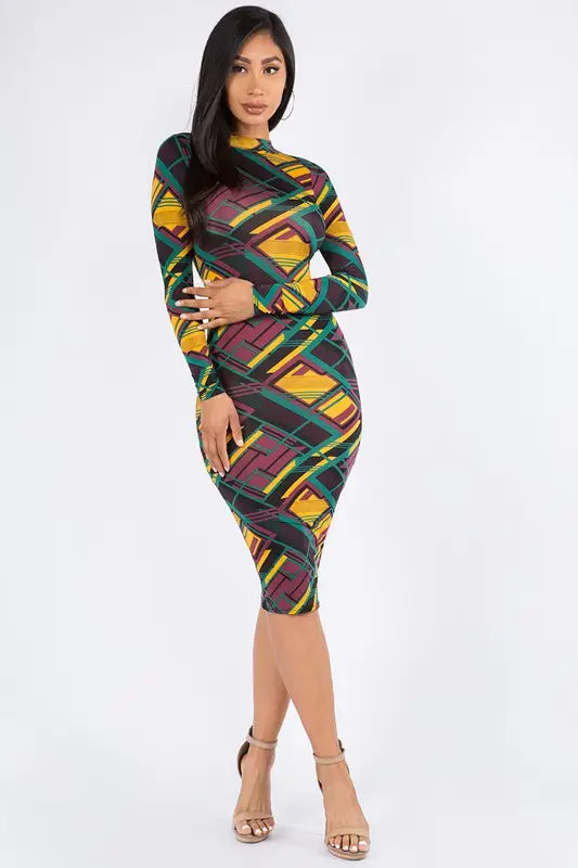 New Arrival Mock Neck Print Double Layer Long Sleeve Midi Dress