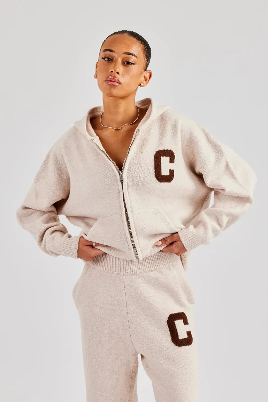 New Arrival Hooded Zip Through Knitted Jumper - Off White