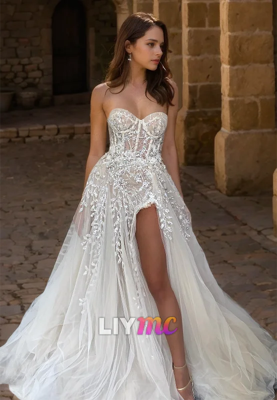 Overstock Sweetheart Sleeveless Appliques Tulle A-Line Wedding Dress