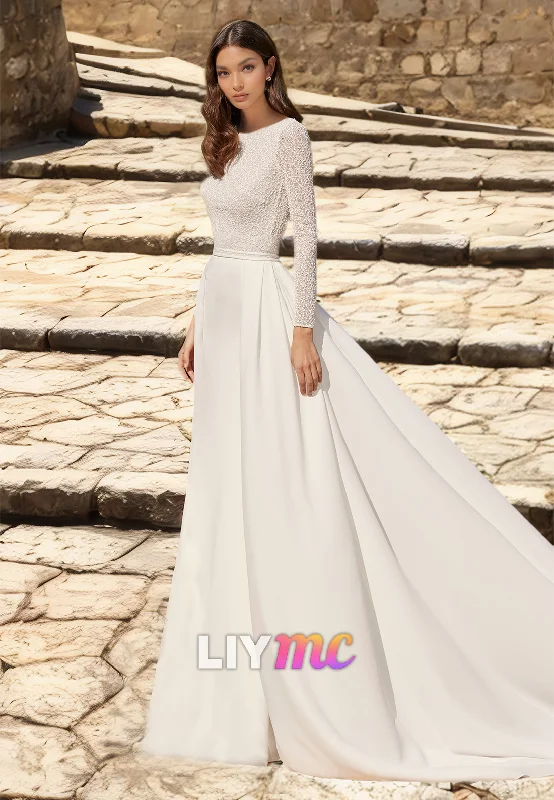 Unmissable Offer Scoop Long Sleeves Appliques Pleated A-Line Wedding Dress