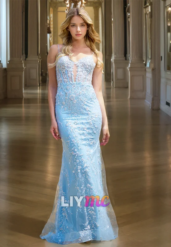 Instant Discount Sweetheart Spaghetti Straps Appliques Mermaid Prom Dress
