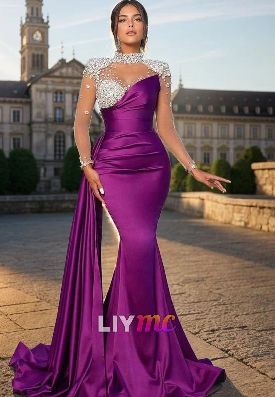 Closeout LP2315 - Halter Sheer Sleeves Beaded Sleek Satin Mermaid Prom Dress