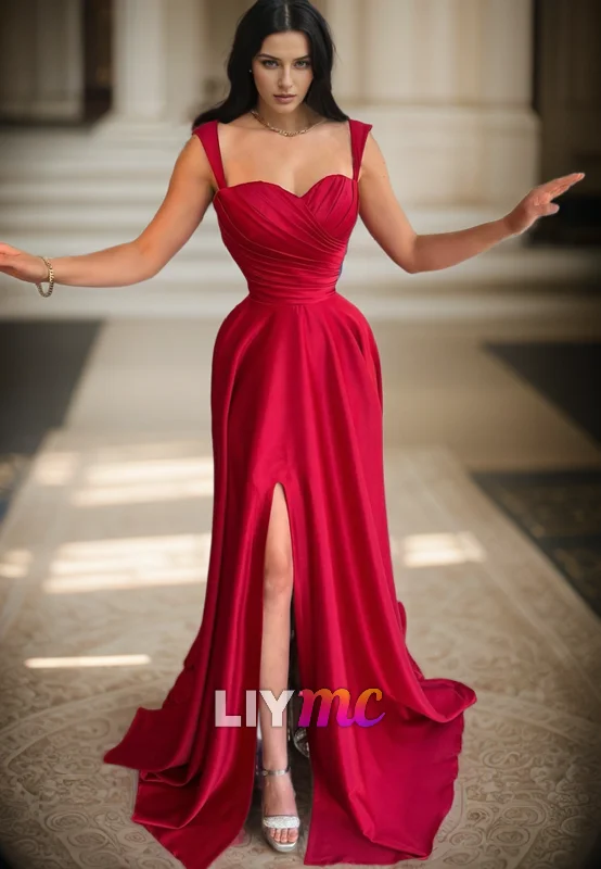 Closeout LP2274 - Sweetheart Straps Pleated A-Line High Slit Formal Prom Dress