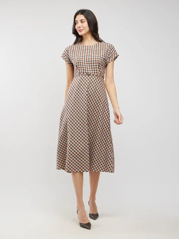 Cotton Checkered Fit And Flare Dress - Brown