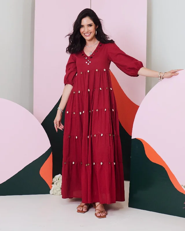 Grand Opening Sale Piku Maroon Mirror Embroidered Tier Maxi Dress