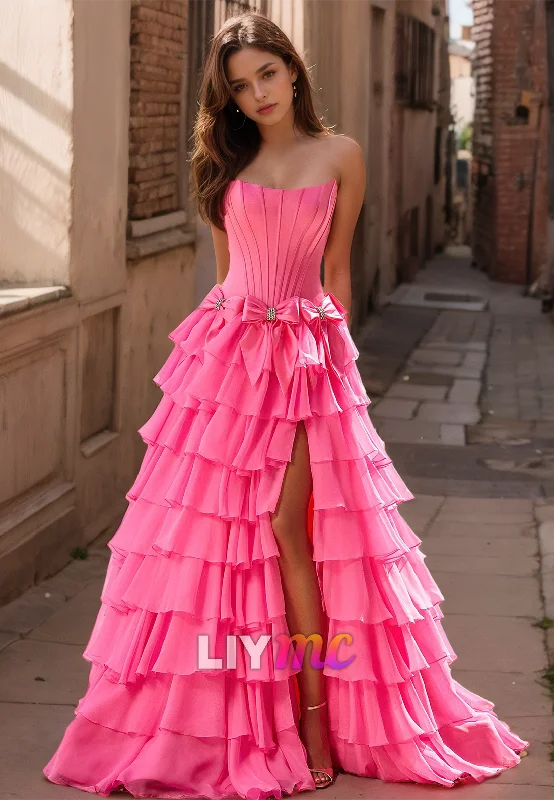 Big Discounts Off-Shoulder Sleeveless Tiered Side Slit A-Line Prom Dress