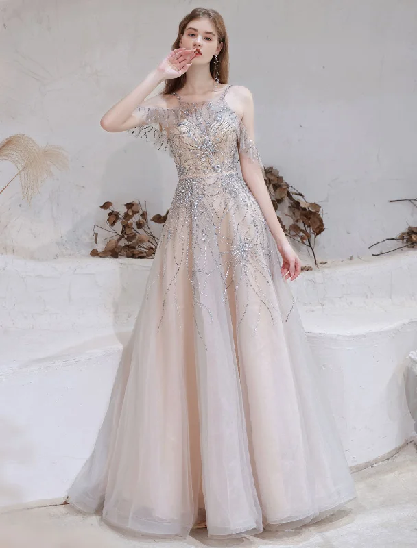 Stock Clearance Amazing Evening Dress Nude Color A Line Bateau Neck With Train Sleeveless Zipper Formal Party Dresses Pageant Dress