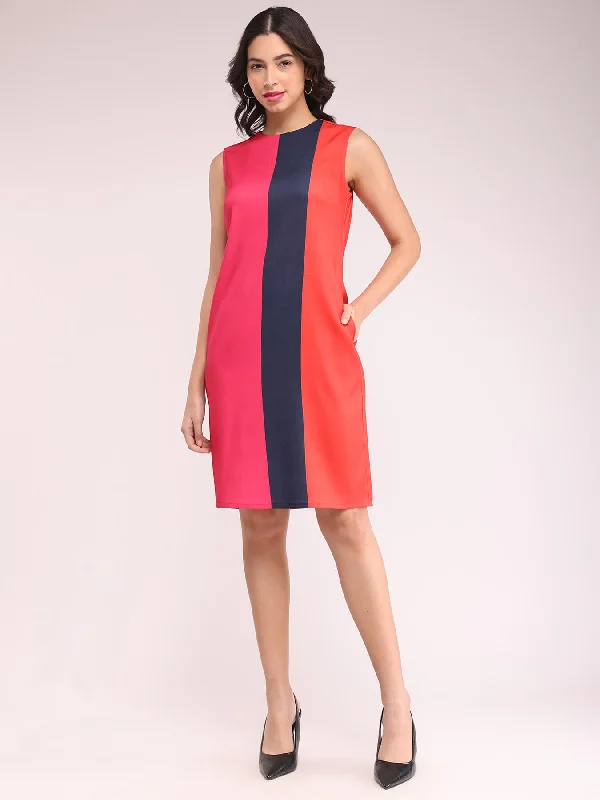 Major Savings Colour Block Shift Dress - Fuchsia, Navy And Orange