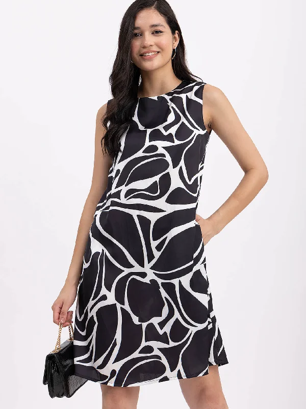 Time-Limited Offer Satin Floral A Line Dress - Black And White