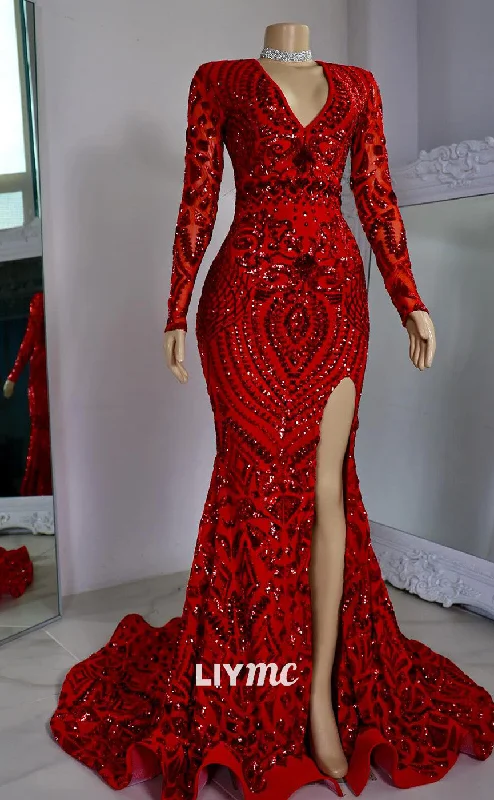 Overstock LP2204 - V-Neck Long Sleeves Appliques Side Slit Mermaid Prom Dress for Black Girls Overstock LP2204 - V-Neck Long Sleeves Appliques Side Slit Mermaid Prom Dress for Black Girls