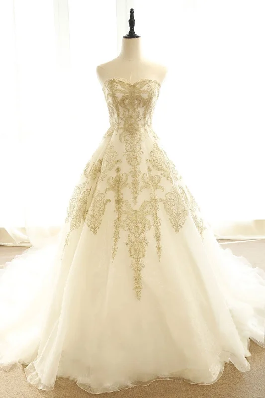 Weekend Flash Sale Sweetheart Champagne Tulle Appliques Wedding Dress with Court Train JKT326