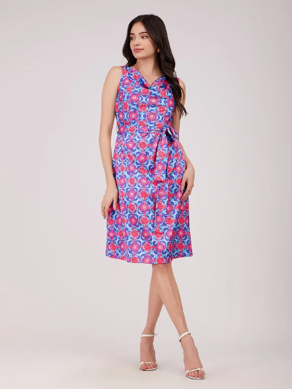 Final Sale Satin Cowl Neck Dress - Blue And Fuchsia