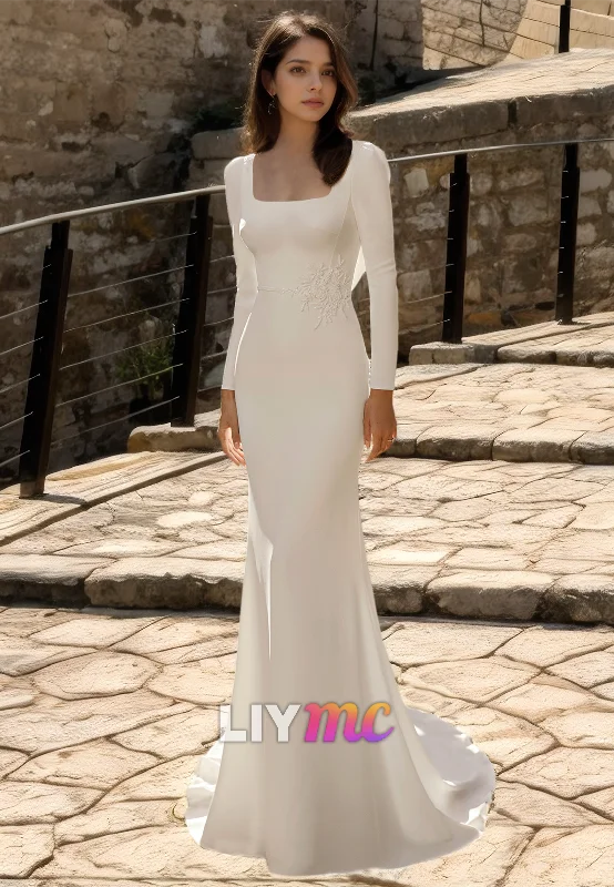 Final Clearance Square Long Sleeves Sleek Mermaid Simple Wedding Dress