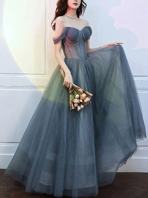 Incredible Offers A Line Sweetheart Neck Gray Blue Tulle Long Prom Dress, Blue Evening Dress