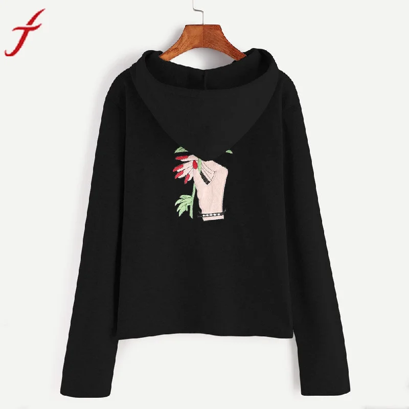 Quick Sale Women Hoodie Sweatshirt Basic Black Flower Printing Sweatshirt Jumper Long Sleeve Crop harajuku Pullover hoodie Tops
