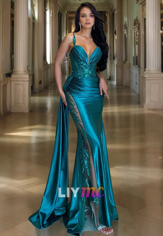 Bargain Bin LP276 - Sexy Low V-Neck Beaded Satin Sheath Long Prom Evening Dress