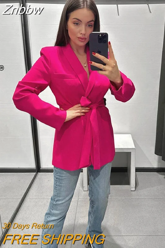 Can't Be Beat Znbbw TRAF 2023 Autumn Spring Pink Colour Blazer Women Belt Thin High Quality Coat Top Women Outwear TRAF Blazer Jacket Women