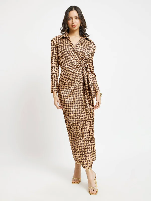 Satin Houndstooth Print Wrap Dress - Brown And Gold